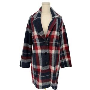 Red Plaid Wool Blend Pea Coat Unbranded Mid Length Unlined Fall Winter Apres Ski